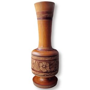 MCM Hand Carved & Etched Wooden Pedestal Vase 11"